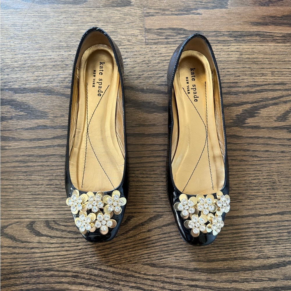 Kate Spade Black Patent Leather Flats with Flower Embellishment